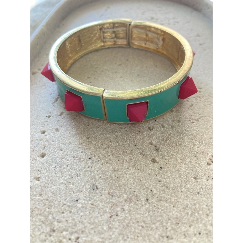 80s Style Stretch Bangle Bracelet Teal Pink Enamel Gold Tone Bold Colorful Glam